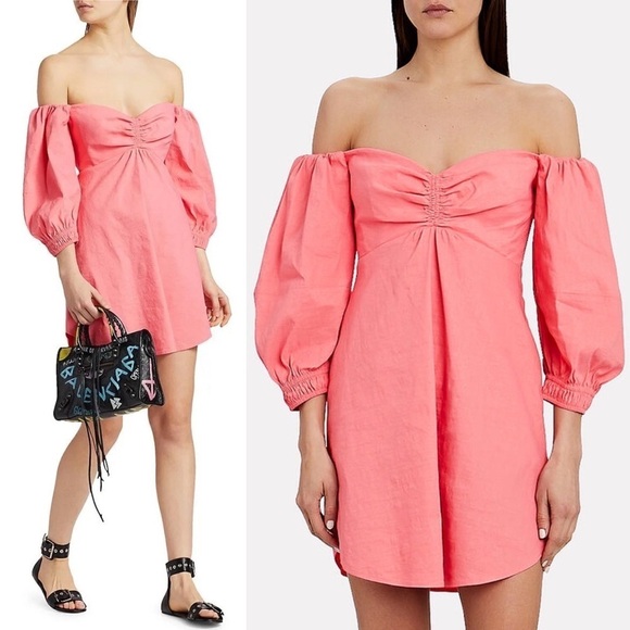 ALC Linen Off Shoulder Puff Sleeve Ruched Sweetheart Neck Smocked Babydoll Dress - Picture 2 of 10